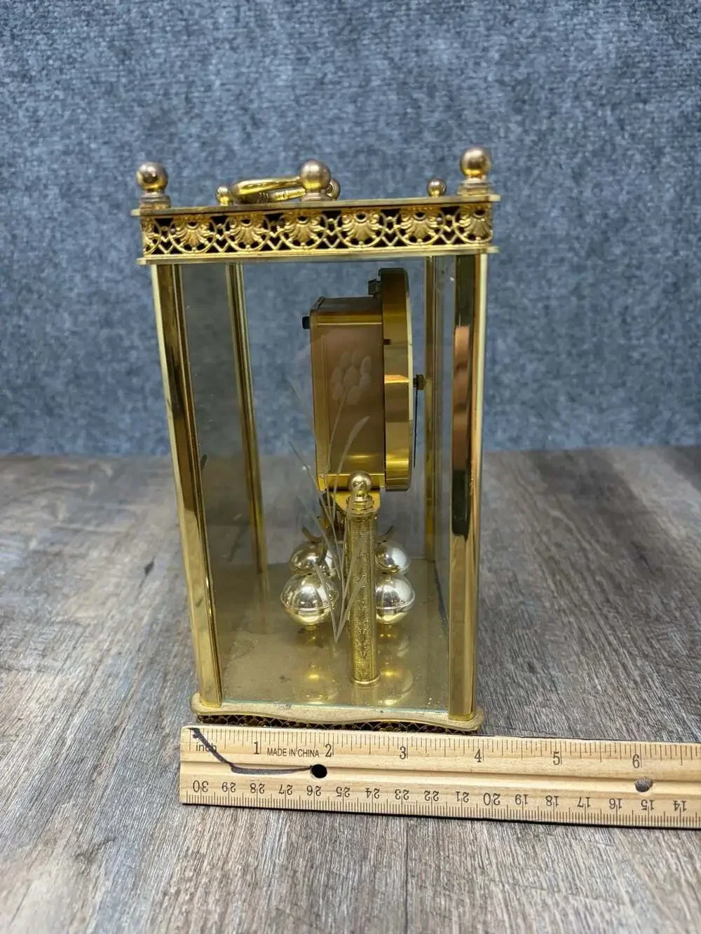 Haller Quartz Anniversary Mantel Clock Rotating Pendulum Glass brass W. Germany
